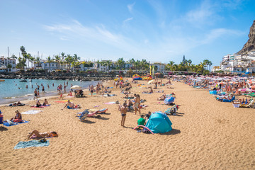 Beautiful beach of Playa del Mogan, Puerto de Mogan - Gran Canaria, Canary Islands. Spain - obrazy, fototapety, plakaty