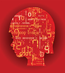 Child of  Digital age.
Stylized silhouette of child head with digital numbers and destroyed binary codes. Vector available.