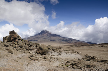 View of Cloudy Mawenzi to Kibo shelter / View of Mawenzi to Kilimanjaro at an altitude of 4,700 meters from Kibo Hat shelter