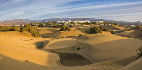 Famous natural park Maspalomas dunes in Gran Canaria at sunrise, Canary island, Spain