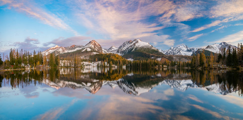 Panorama of high resolution mountain lake Strbske Pleso in Slovakia, lake in winter scenery