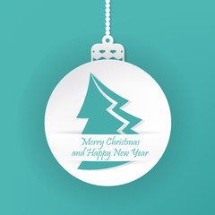 Greeting card with hanging christmas ball paper. Merry Christmas and a happy new year. Vector illustration.