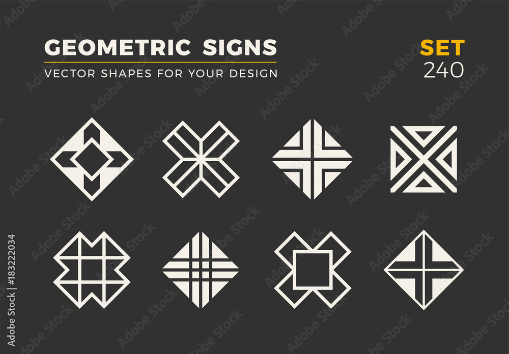 Wall mural Set of eight minimalistic trendy shapes. Stylish vector logo emblems for Your design. Simple  geometric signs collection.