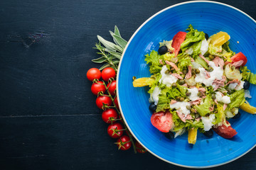 Vegetable salad and mozzarella, tuna and capers. Italian cuisine. Free space for your text. Top view.
