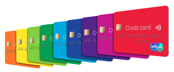Nine credit cards display the full spectrum of colors in this illustration. 