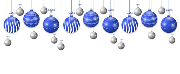 Set hanging blue and silver Christmas balls. Decorative baubles elements isolated on white background for holiday design. Vector