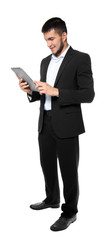 Male manager with tablet computer on white background