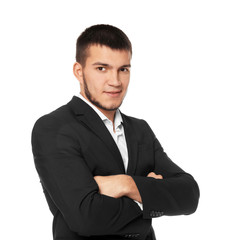 Male manager on white background