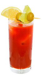 Cocktail bloody mary decorated lime slices and olives isolated