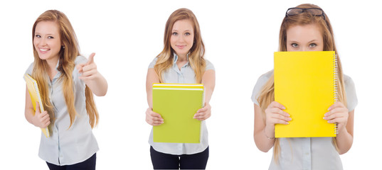 Young student with books on white