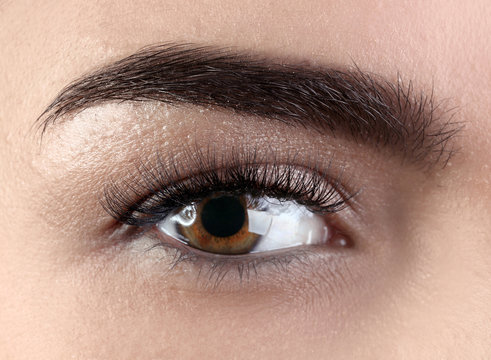 Female eye with eyelash extensions, closeup