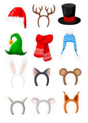 New Year hats set of santa,rabbit,cat,bear,fox,deer for masquerade costumes holiday headdress elements vector icons illustration isolated on white background