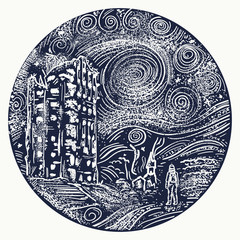 Man standing in post apocalypse city tattoo. Nuclear war tattoo and t-shirt design. Apocalyptic landscape tattoo art