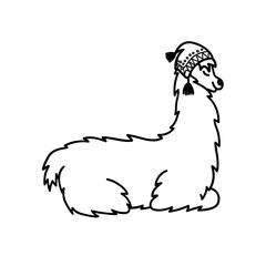 Vector illustration of cute character south America lama in winter hat and scarf. Isolated outline cartoon baby llama. Hand drawn Christmas Peru animal guanaco, alpaca, vicuna. Drawing for print.