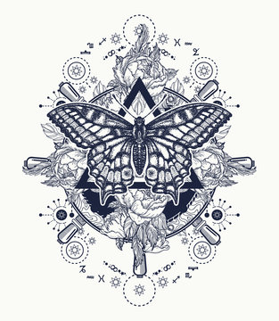 Magic butterfly tattoo art. Freemason and spiritual symbols. Alchemy, medieval religion, occultism, spirituality and esoteric tattoo. Magic butterfly t-shirt design. Roses and the ship's helm