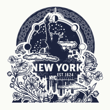 Statue of Liberty, New York and art nouveau flower tattoo and t-shirt design. Big city New York city skyline concept art poster