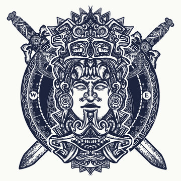 Ancient aztec totem, Mexican god warrior and crossed swords. Ancient Mayan civilization. Indian mayan carved in stone tattoo art. Mayan tattoo and t-shirt design