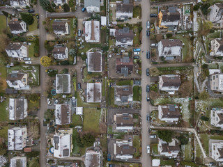 Aerial view of residential area in winter with snow