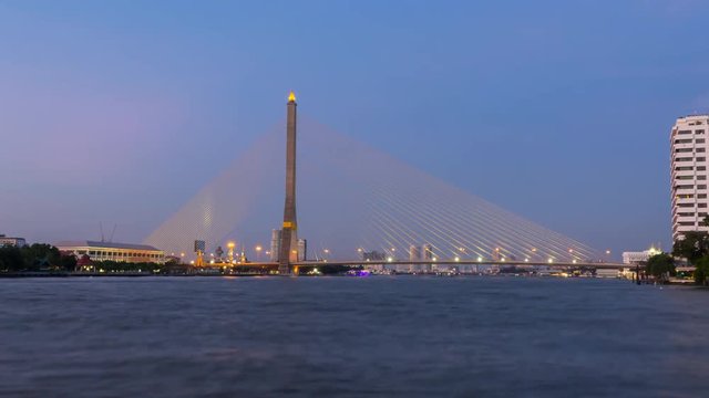 Time lapse Zoom in to Big Suspension bridge with lighting in night time / Rama 8 bridge in night time