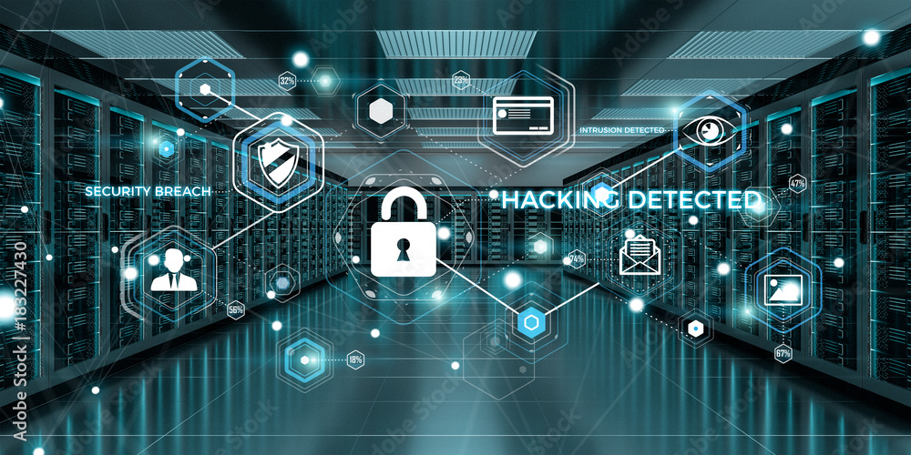 Poster firewall activated on server room data center 3d rendering