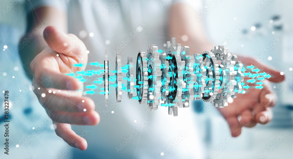 Poster businessman using floating modern gear mechanism 3d rendering