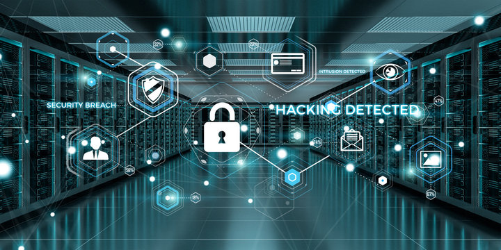 Firewall activated on server room data center 3D rendering