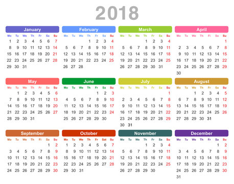 2018 year annual calendar (Monday first, English)