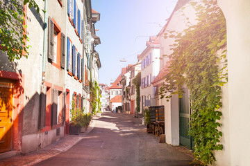 Fototapeta na wymiar Old tranquil street of Basel with ancient houses