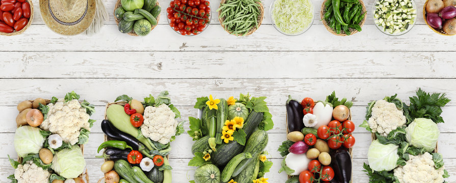 Fototapeta vegetables top view on kitchen white wooden table, web banner copy space template