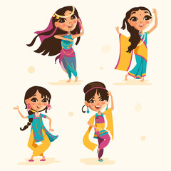 Cute indian kids, girls in traditional indian clothes set, collection. Cartoon girls character, beautiful national costumes of India