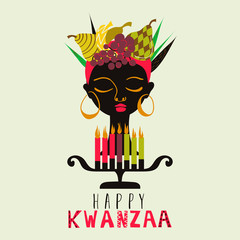 Happy Kwanzaa greeting card, background. Simple, abstract, modern, hand drawn illustration, black woman silhouette with fruits with geometrical pattern, candlestick and typography
