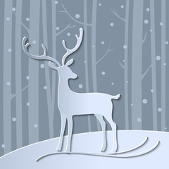 Merry Christmas 3d abstract paper cut illustration of deer in forest. Vector Greeting card. Origami winter season. Happy New Year. Birch trunk. Paper art style. Pastel background. Vector
