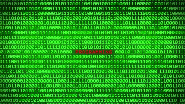 Wall of Green Binary Code Revealing PROGRAMMING Word Between Random Binary Data Matrix Background