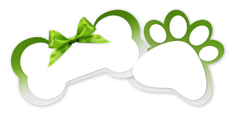 pets store gift card with bone and paw imprint shape green ribbon bow on white background blank...