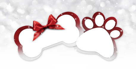 pets store gift card with bone and paw imprint shape red ribbon bow on blurred christmas lights...