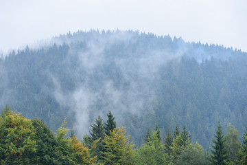 mountain tops in  autumn covered in mist or clouds