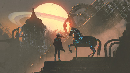 the man and his mechanized horse standing on rooftop building in futuristic planet, digital art style, illustration painting © grandfailure