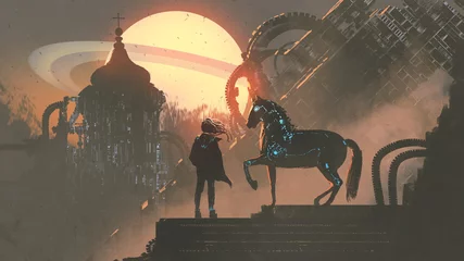 Tuinposter the man and his mechanized horse standing on rooftop building in futuristic planet, digital art style, illustration painting © grandfailure
