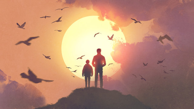 silhouette of father and son standing on the mountain looking at the sun rising in the sky, digital art style, illustration painting