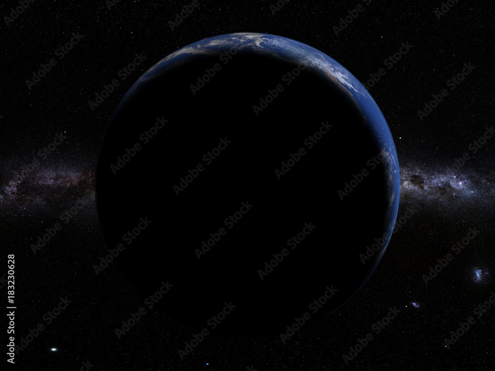 Wall mural sunrise over planet earth, milky way galaxy in the background