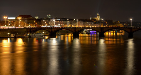 Vltava river and Vysehrad fort in the night, Prague, Czech Republic
