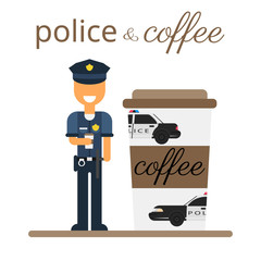 A policeman drinks coffee. Flat vector illustration.