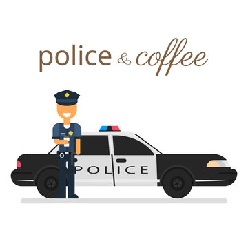 A policeman drinks coffee. Flat vector illustration.