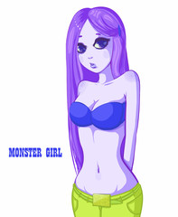 Monster girl with violet hair on isolated background. Happy halloween!