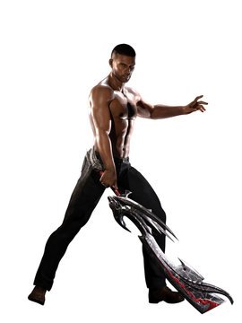 Black Man with Sword Isolated on White