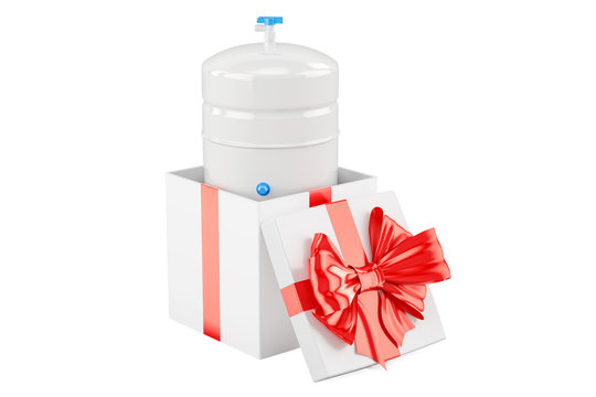 Gallon storage tank from reverse osmosis system inside gift box, gift concept. 3D rendering