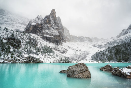 Lake in the mountain valley in the Italy. Beautiful natural landscape in the Italy mountains.