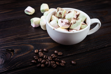 Cup of hot chocolate and marshmallow on wooden  background