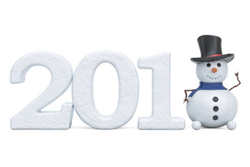 New Year 2018 inscription with snowman, 3D rendering