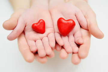 adults and children's hands hold a small red heart. Family, love, parents, children, care, tenderness
